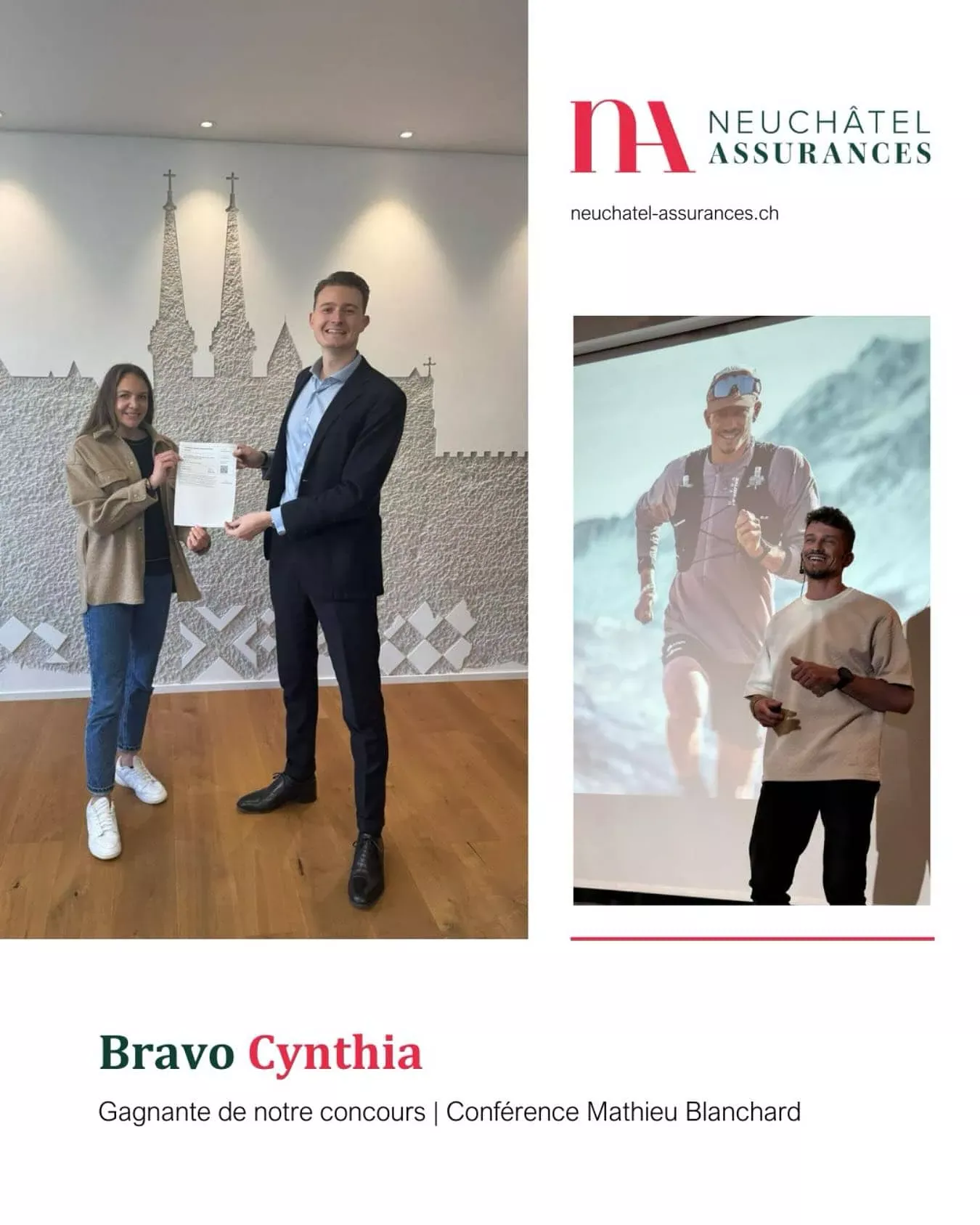 Cadeau d'assurance à Neuchâtel, remise de prix, agent d'assurance et cliente satisfaite, communication, partenariat, confiance en assurance, événement Neuchâtel Assurances.