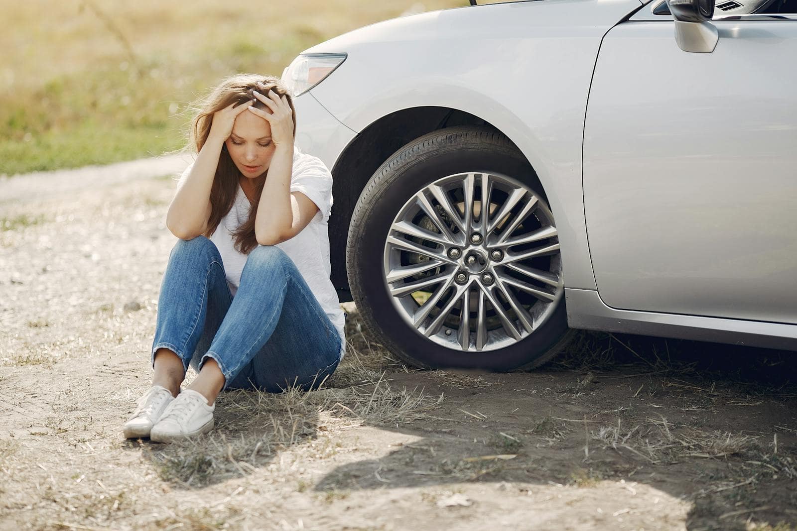 Fille assise au sol avec tête dans les mains à côté d'une voiture arrêtée sur une route poussiéreuse, illustrant l'importance de l'assurance auto à Neuchâtel.