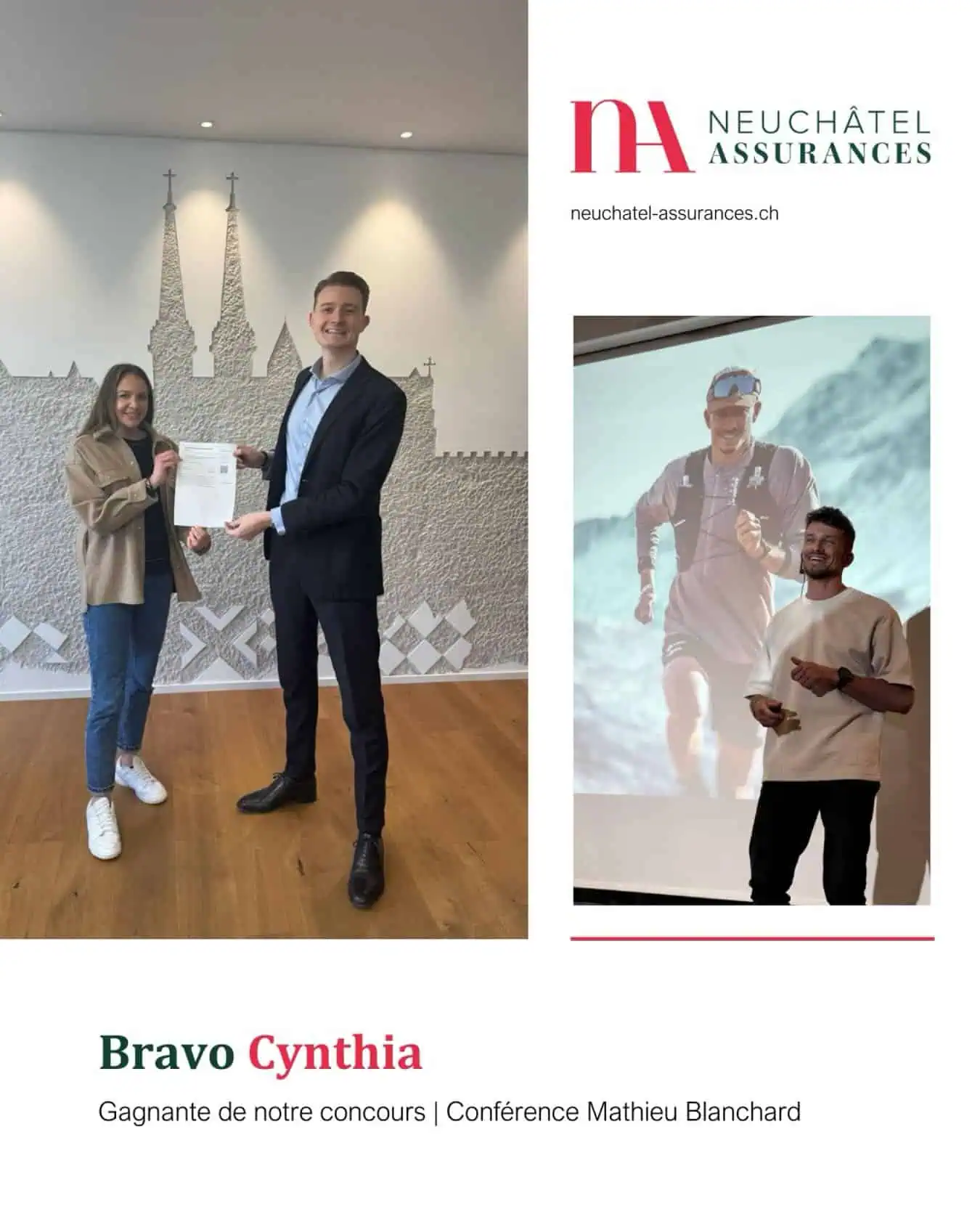 Cadeau d'assurance à Neuchâtel, remise de prix, agent d'assurance et cliente satisfaite, communication, partenariat, confiance en assurance, événement Neuchâtel Assurances.