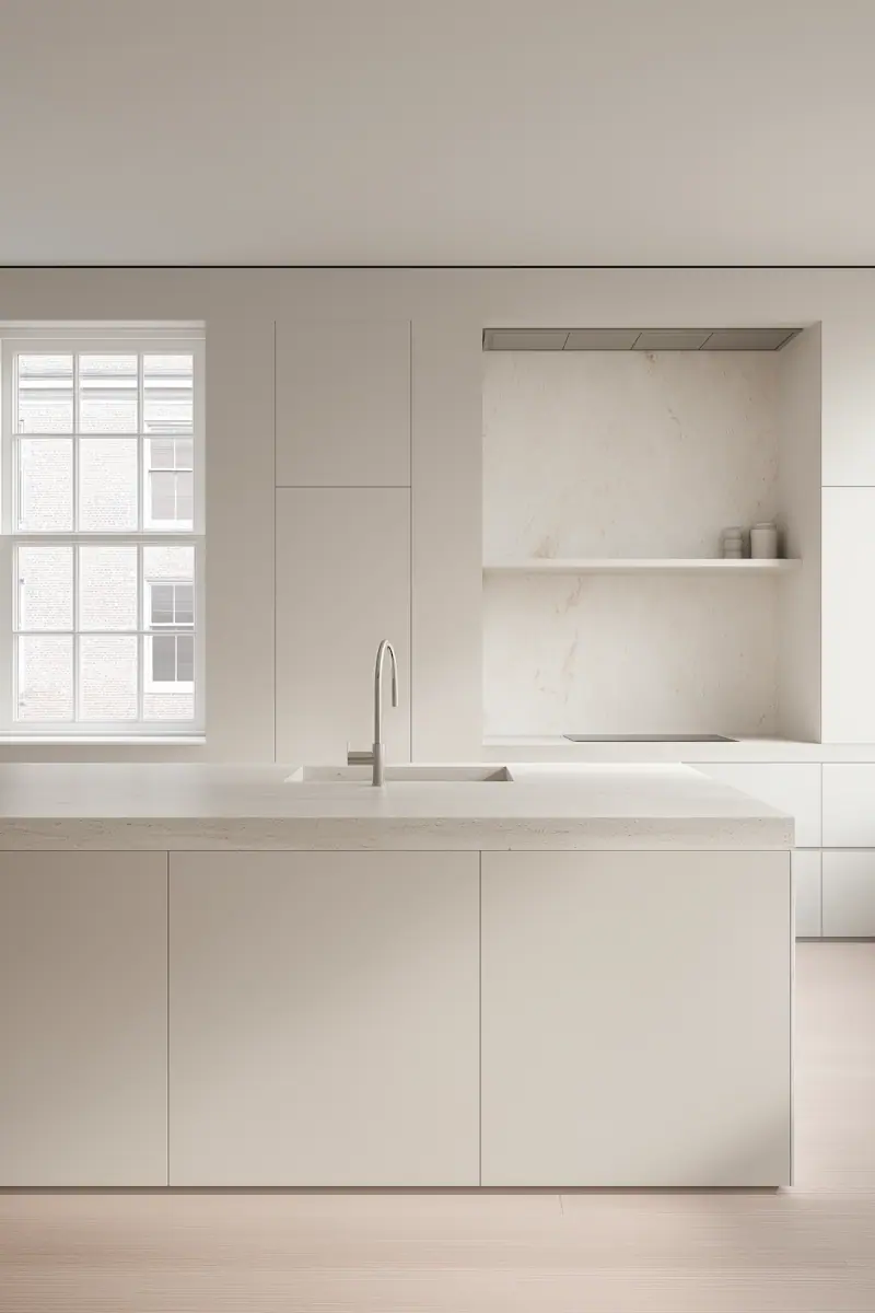Ustensiles de cuisine modernes dans une cuisine minimaliste blanche.