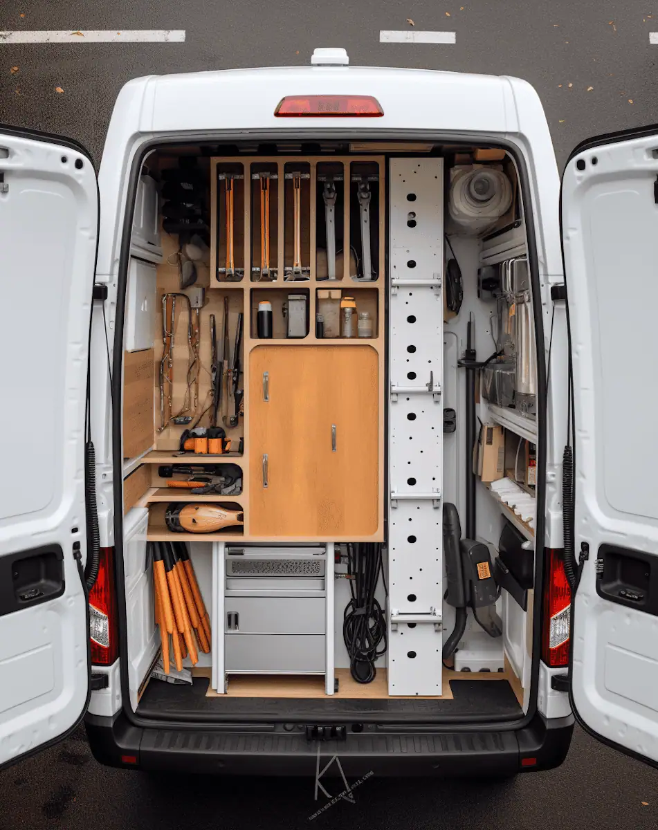 Coffre de véhicule utilitaire organisé avec outils de travail et équipements pour professionnel.