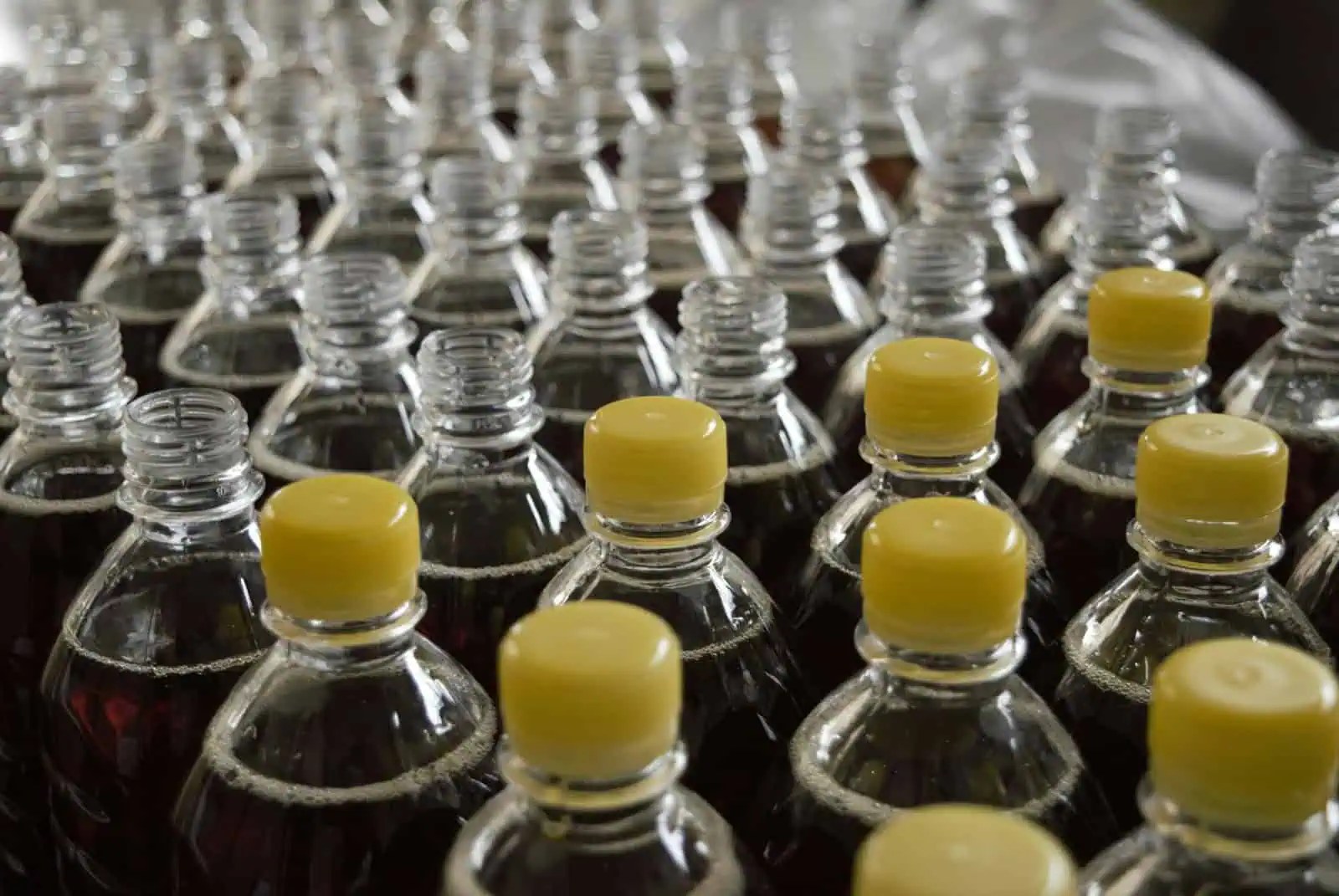 Bouteilles en verre avec bouchons jaunes, préparation pour boissons ou produits alimentaires, idéales pour l'emballage de liquides, dans un environnement industriel ou de production.