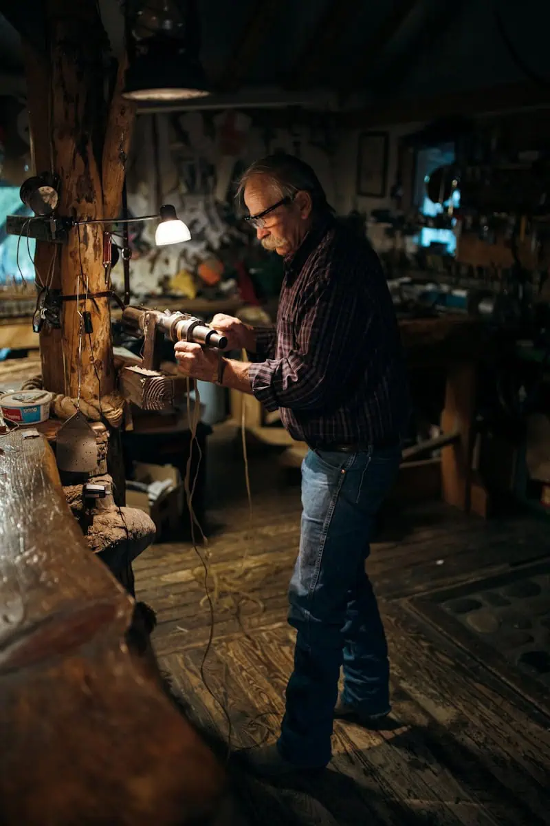 Travailleur dans un atelier traditionnel, manipulateur d'outils et d'instruments artisanaux, éclairé par une lampe de travail, ambiance chaleureuse et authentique.