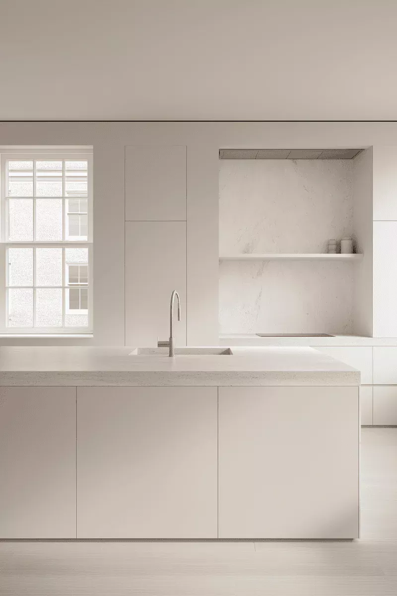 Ustensiles de cuisine modernes dans une cuisine minimaliste blanche.