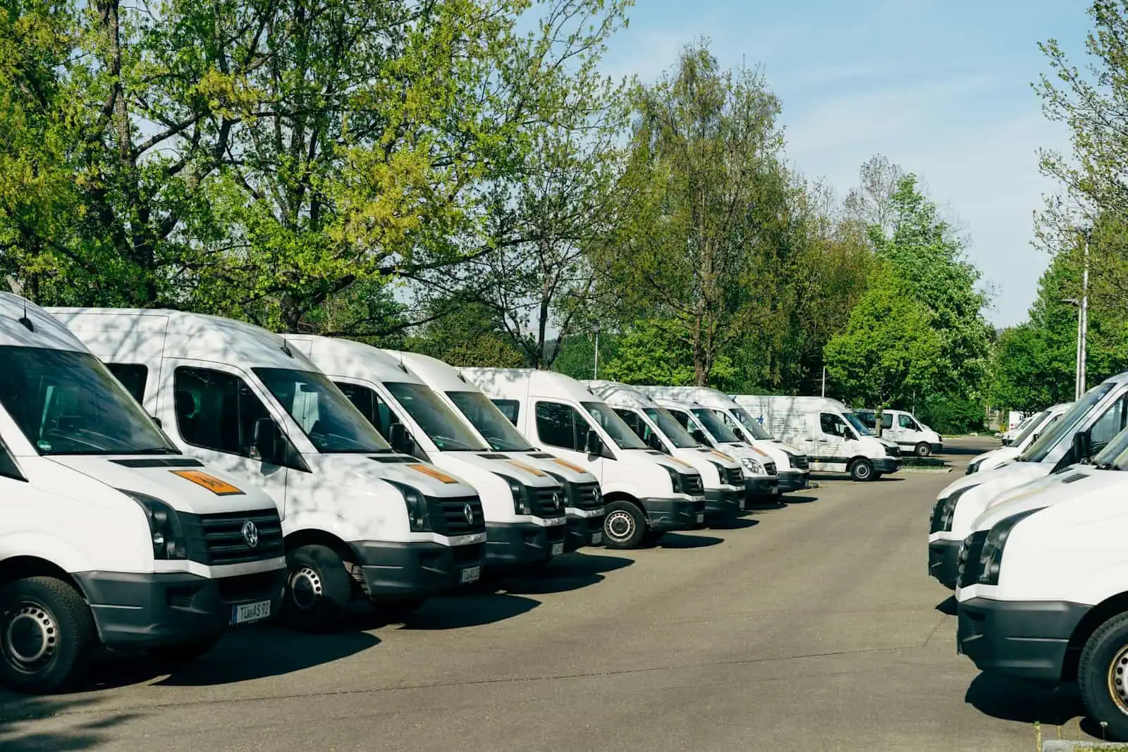 Véhicules de livraison blancs alignés dans un parking sous un ciel ensoleillé avec des arbres verts en arrière-plan.